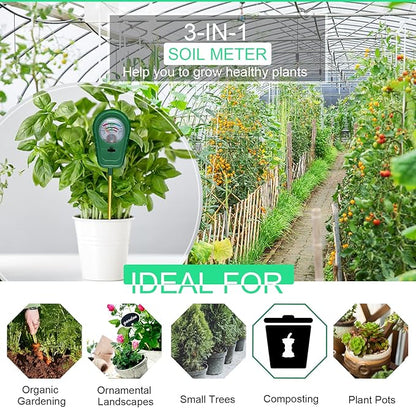3-in-1 Soil Test Kit, Soil Moisture Meter/Soil ph Meter/Fertility Soil Tester, Soil Hygrometer for Garden, Farm, Plant, Outdoor, Indoor, Lawn Care Moisture Meter for Hous Plants (No Battery Needed)
