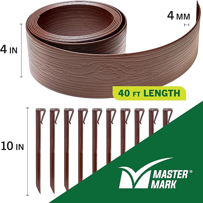 MASTER MARK Terrace Board, Landscape Coiled Edging, Grass Barrier, Bender Board, Garden Borders (Brown) 4 in. x 40 ft. with 10 Stakes