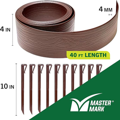 MASTER MARK Terrace Board, Landscape Coiled Edging, Grass Barrier, Bender Board, Garden Borders (Brown) 4 in. x 40 ft. with 10 Stakes