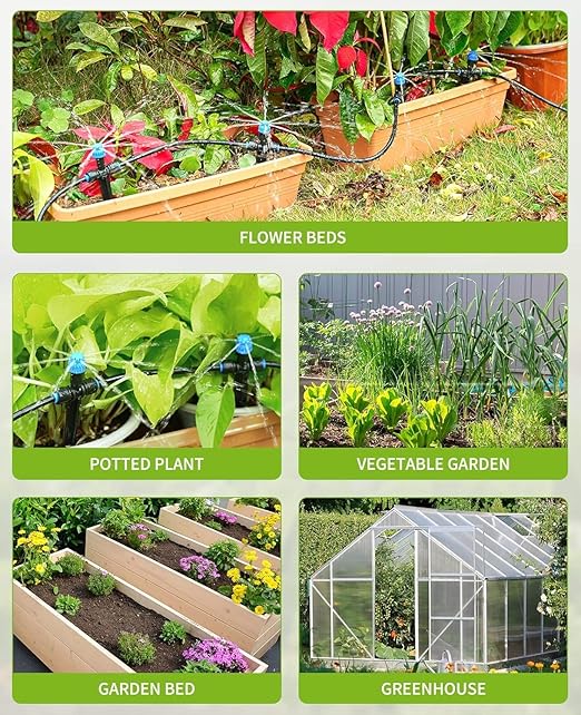 32.8FT Quick-Connect Drip Irrigation Kit, Garden Watering System DIY Automatic Irrigation Equipment Set for Lawn Raised Bed Greenhouse Plant Watering with 1/4'' Tubing, Drip Emitters, Connectors