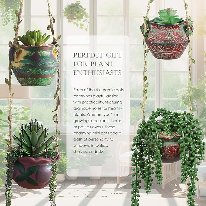 4 Piece Boho Ceramic Hanging Planters with Drainage Holes – Adorable Indoor Outdoor Succulent Flower Pots, Unique Home Décor, Charming Small Planters for Plants