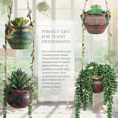 4 Piece Boho Ceramic Hanging Planters with Drainage Holes – Adorable Indoor Outdoor Succulent Flower Pots, Unique Home Décor, Charming Small Planters for Plants