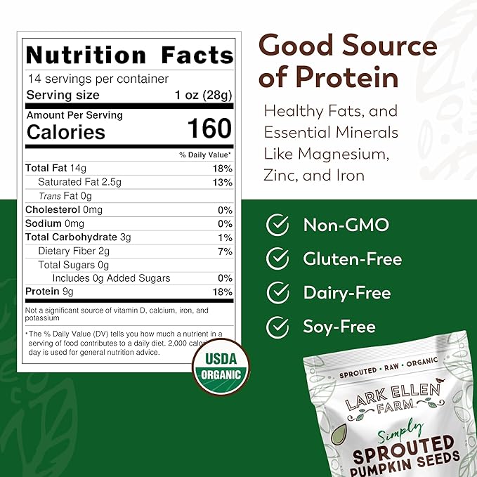 Lark Ellen Farm Sprouted Organic Pumpkin Seeds – Raw, Unsalted, Air-Dried Pepitas for Snacking, Salads, Trail Mix – USDA Organic, Non-GMO, Vegan, Gluten-Free, Resealable Bag (14 oz, 6-Pack)