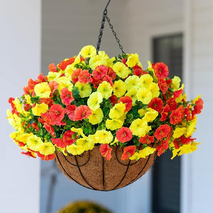Artificial Fake Hanging Flowers Basket for Outdoors Spring Decoration, 12 Bundles Faux Silk Morning Glory Plants for Outdoor Planters Realistic UV Resistant Artificial Flowers for Outside Porch Garden