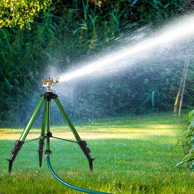 Tripod Sprinklers for Yard,Nalupatio Impact Sprinkler on Tripod Base,Heavy Duty Brass Sprinklers,360 Degree Large Area Irrigation,3/4 Inch Connector Sprinkler with Legs Flip Locks for Lawn/Yard,1 Pack