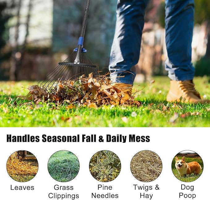 Expandable Rake for Leaves, Garden Leaf Rake for Lawns with 8-17“ Width & 65” Height - Lightweight Metal Yard Rakes for Women & Kids, for Pine Needles, Grass, Dog Poop - Easy Storage for RV & Camping