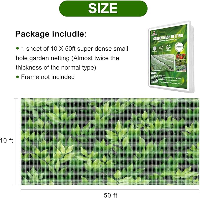 Garden Netting, Jevrench Durable Ultra Fine Garden Netting, Garden Plant Cover Row Cover Makes Plants, Vegetables, Fruits, and Flowers Grow Better (10ft x 50ft)