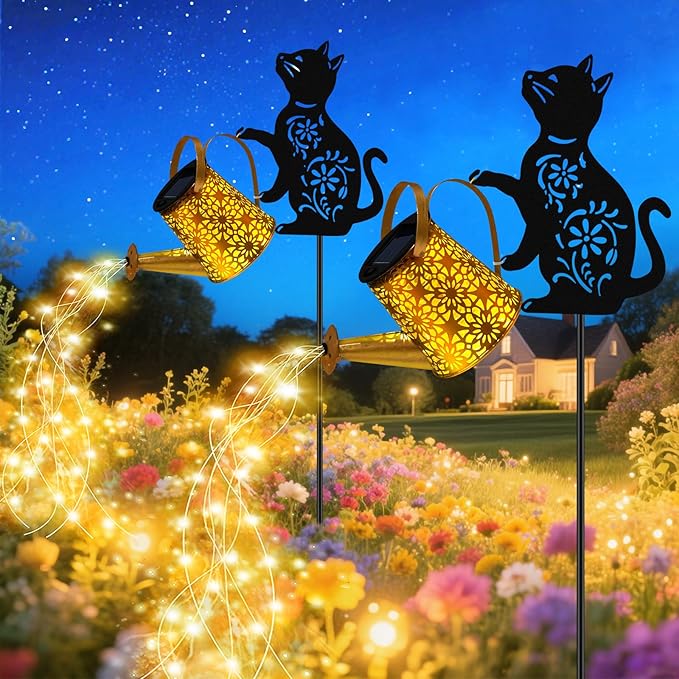 Solar Lights Outdoor, 2 Pack Black Cat Solar Watering Can Lights, Birthday Gifts for Women Mom Cat Lover Mother's Day Christmas, Waterproof Hanging Lantern Garden Decor Outside Patio Yard Pathway