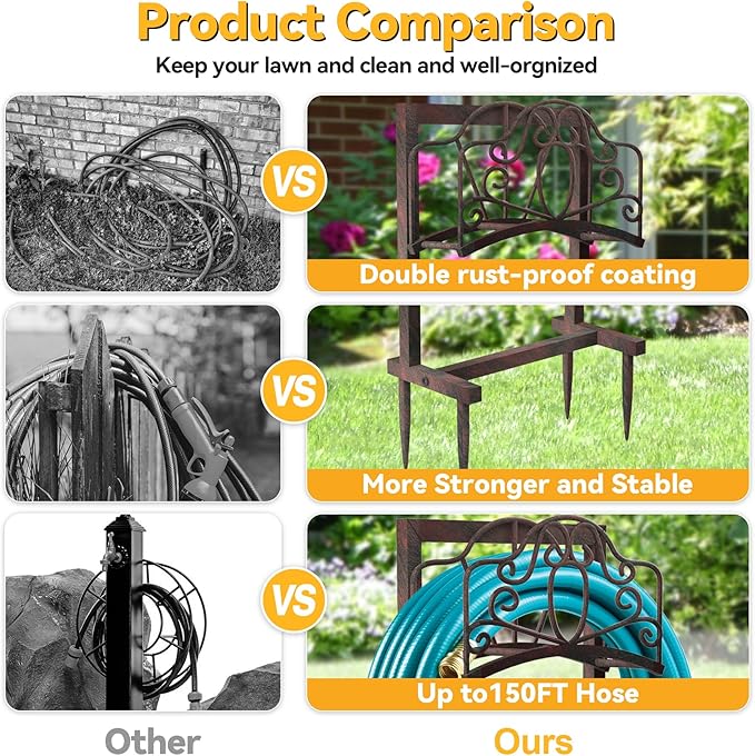 Garden Hose Holder Hanger Freestanding, Upgraded 4-Spike Heavy Duty Storage Reel Stand, Holds 150ft Hose for Outside Yard Lawn (Rustic Floral, Metal)