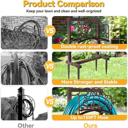 Garden Hose Holder Hanger Freestanding, Upgraded 4-Spike Heavy Duty Storage Reel Stand, Holds 150ft Hose for Outside Yard Lawn (Rustic Floral, Metal)