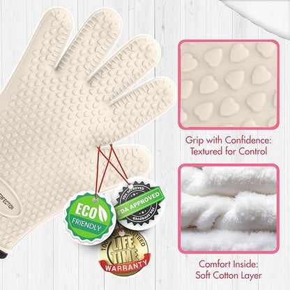 KITCHEN PERFECTION S Silicone Smoker Oven Gloves for Women -Extreme Heat Resistant BBQ Gloves -Handle Hot Food Right on Your Grill Fryer |Waterproof Oven Mitts Cooking Gloves |Superior Set+3 Bonuses