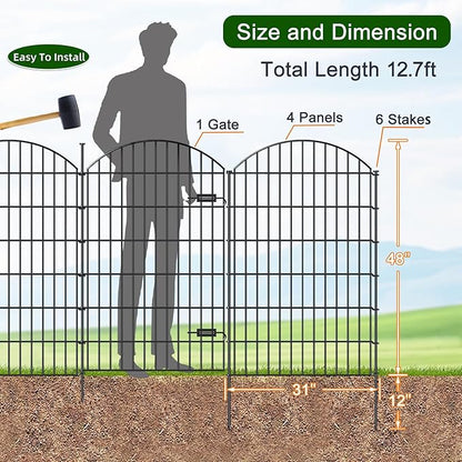 Metal Garden Fence with Gate 48in (H) x 12.7ft (L), 1 Gate+ 4 Panels Dog Fence Border Fences Animal Barrier, No Dig Garden Fencing for Yard Flower Bed Lawn Patio Outdoor, ECG4805G, Black