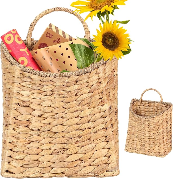 Woven Hanging Water Hyacinth Baskets, Hanging Wall Wicker Basket, Handmade Organizer Baskets, Hanging Flower Basket for Shelves, Walls, Doors, Balconies, Front of House, Garden, Farmhouse, Home.
