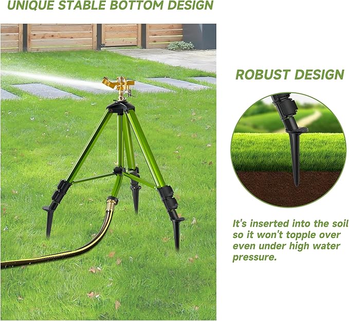 Impact Sprinklers on Tripod Base with Ground Plugs,Heavy Duty Brass Head Sprinkler with 360 Degree Spray,0-44ft Large Area Irrigation,Tripod Sprinkler with Extension Legs for Yard Garden Lawn,2 Pack