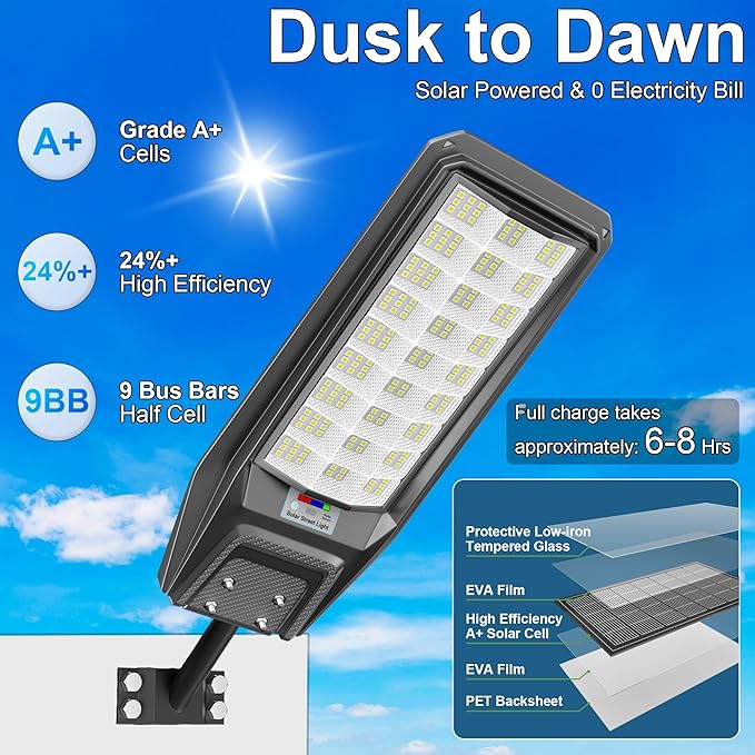 Solar Street Lights Outdoor Dusk to Dawn, 9800W Solar Powered Street Light Waterproof with Remote Control Motion Sensor Commercial Parking Lot Light for Garden, Baseball Yard