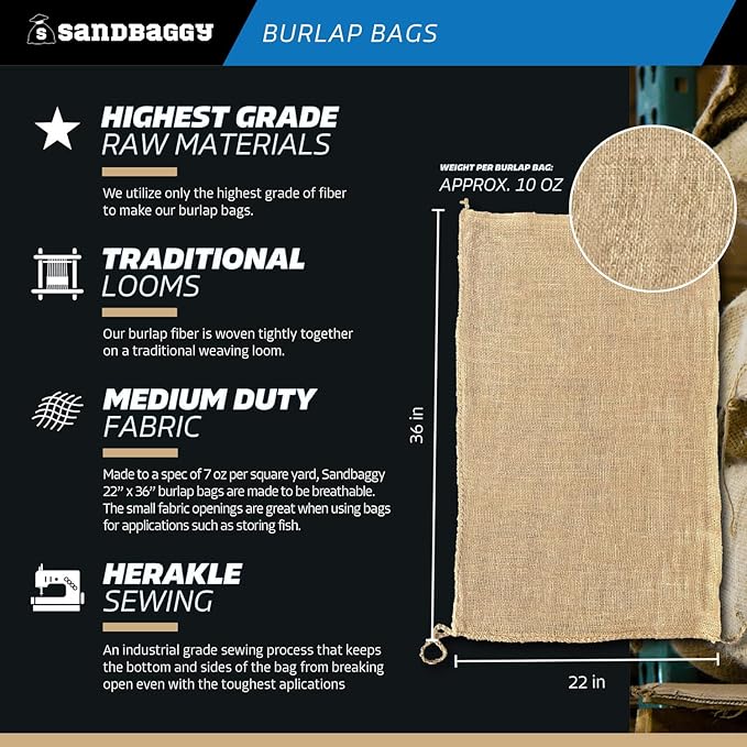 Burlap Bags 22" x 36" - Great for Planting/Gardening - Kids Sack Bag - Plant Covers - Food Grade - Sacks Burlap by Sandbaggy (Pack of 50)