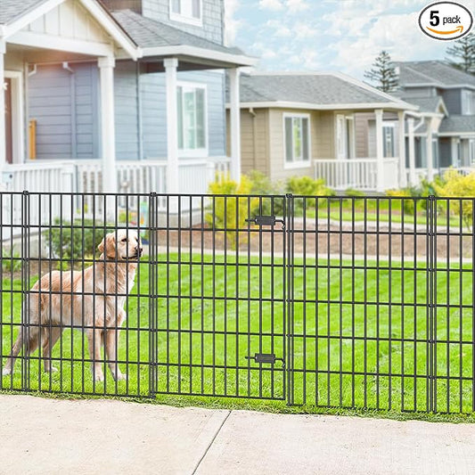 Metal Garden Fence with Gate 40in (H) x 11.7ft (L), 1 Gate + 4 Panels Dog Fence Border Fence Animal Barrier, No Dig Garden Fencing for Yard Flower Bed Lawn Patio Outdoor, PIN402805G Black