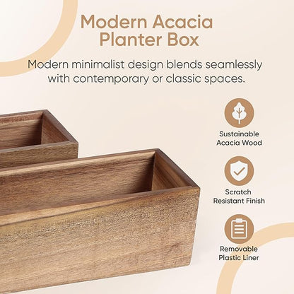 zaqro Wood Planter Box Set of 2 – Real Acacia Planter Boxes with Removable Soft Plastic Cut to fit Liners – Long Rectangular Indoor - Window Planter Box for Herbs, Flowers, Succulents