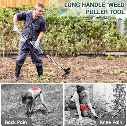 Weed Puller Tool with Long Handle, 11 Tooth Weed Remover Tool, 2 in 1 Weed Rake and Garden Hoe for Weeding, Weeder Tool with Detachable Handle, Uprooting Weeding Tool for Yard, Lawn, Patio,Garden