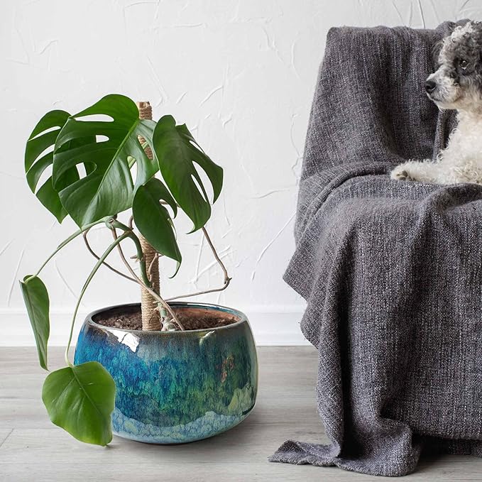 Reactive Glaze Peacock Color 11" Ceramic Plant Pot, Large Blue Green Planter Artisan Flower Pot with Drainage Hole, Breathable Planter for Indoor Outdoor Plants