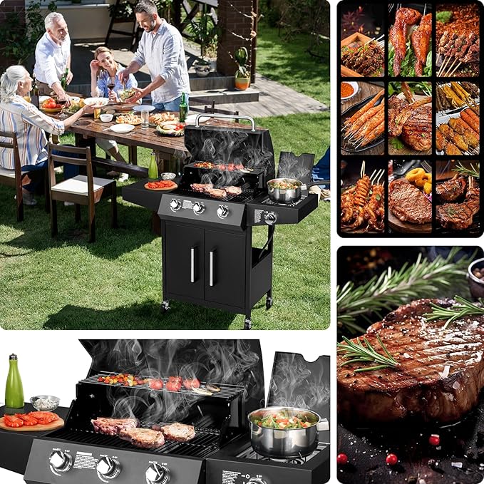 ROVSUN 3-Burner Propane Gas BBQ Grill with Side Burner & Enameled Cast Iron Grates, 46,000 BTU Barbecue Grill with Wheels for Outdoor Patio Backyard Cooking Grilling, Black