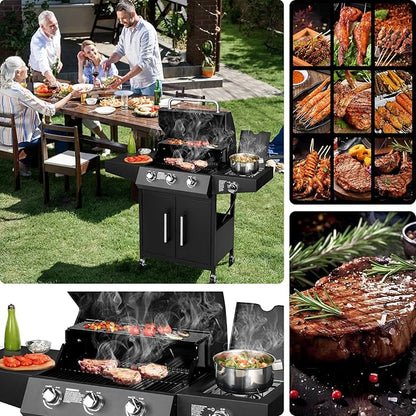 ROVSUN 3-Burner Propane Gas BBQ Grill with Side Burner & Enameled Cast Iron Grates, 46,000 BTU Barbecue Grill with Wheels for Outdoor Patio Backyard Cooking Grilling, Black