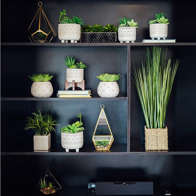 Flora Bunda 5" White Gold Ceramic Geometric W/Wood Stand Planter Pot Mid Century, 5x5x6, for Houseplants, Succulents, Snake Plants – Plants not Included