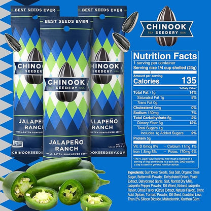Chinook Seedery Low Sodium Sunflower Seeds – Jalapeno Ranch Flavor, Pack of 36, 1.5oz – Sunflower Seeds to Eat – Keto, Jumbo, Roasted, Baseball Snacks