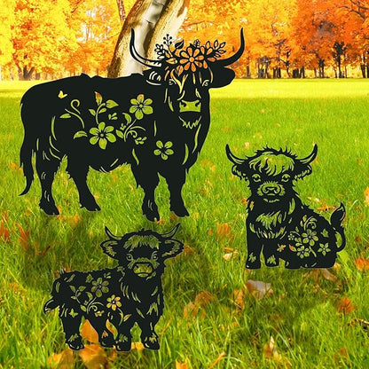 Highland Cow Metal Garden Stakes Yard Decor, 3PCS Black Cow Silhouette Statues Garden Decorative Gifts for Yard Art, Patio, Outside, Lawn Ornaments Outdoor, Yard Art