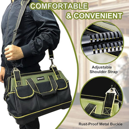 17in Tool Bag For Men Heavy Duty with Waterproof Molded Base, High Capacity Wide Mouth Tote, Construction Worker Electricians Tool Bags, Large Tool Bag Organizer for Men Women Tool Tote