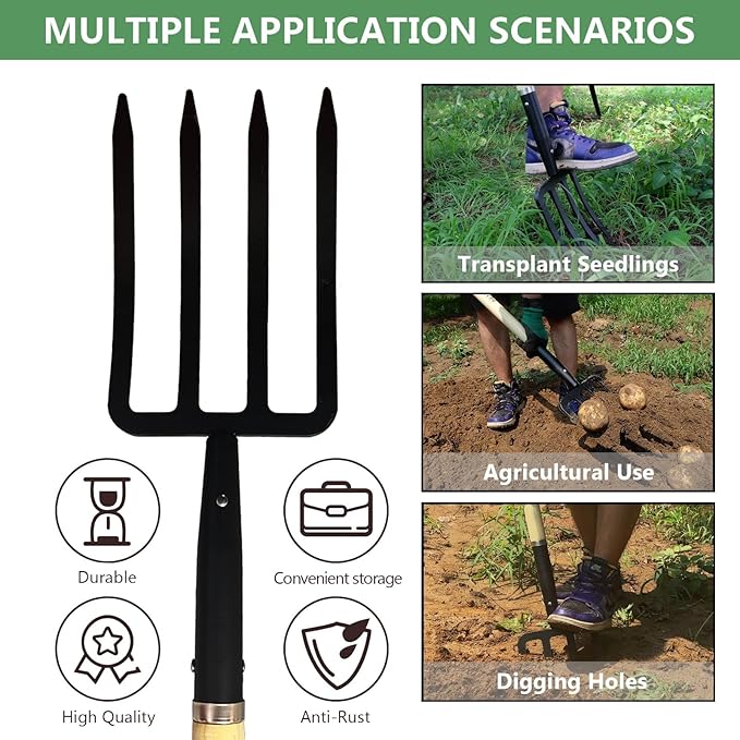 Garden Fork, 4-Tine Spading Digging Fork, Pitch Fork-45Inch, Forged Steel Y-Grip, Wood Handel-Red