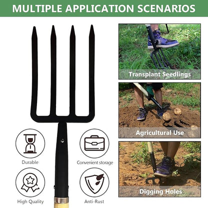 Garden Fork, 4-Tine Spading Digging Fork, Pitch Fork-45Inch, Forged Steel Y-Grip, Wood Handel-Red