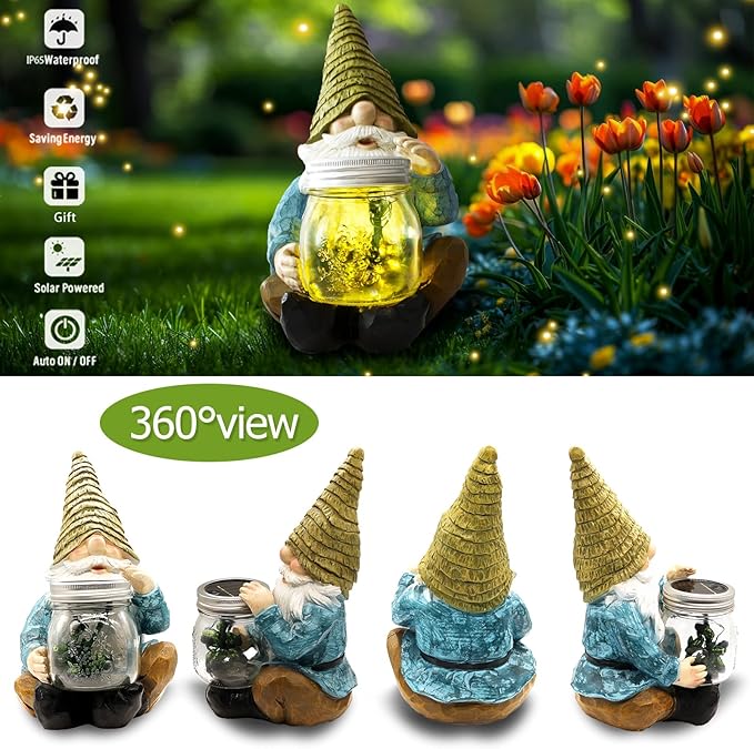 Solar Firefly Jar Gnome Waterproof - Christmas Large Garden Gnome Funny Solar Outdoor LED Lights Resin Statues 10.6" Lantern Figurines Xmas Decorations Birthday Housewarming Gifts for Mom Women
