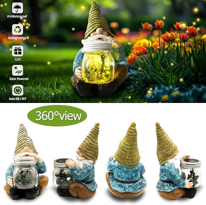 Solar Firefly Jar Gnome Waterproof - Christmas Large Garden Gnome Funny Solar Outdoor LED Lights Resin Statues 10.6" Lantern Figurines Xmas Decorations Birthday Housewarming Gifts for Mom Women