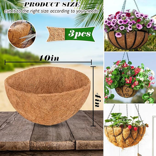 ZeeDix 3Pcs 10 Inch Coconut Liners for Planters, Round Hanging Basket Liners 100% Natural Coco Coir Basket Coco Replacement Liners for Hanging Basket Planters Flowers Vegetables(10in-3pcs)