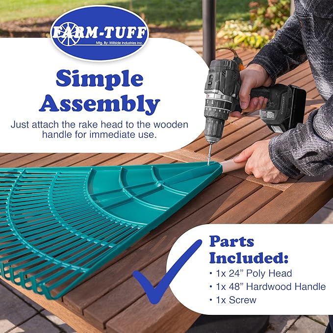 FARM-TUFF 24” Leaf & Lawn Rake with 48” Hardwood Handle - Extra-Wide, Durable Rake for Lawns, Gardens, and Yard Cleanup