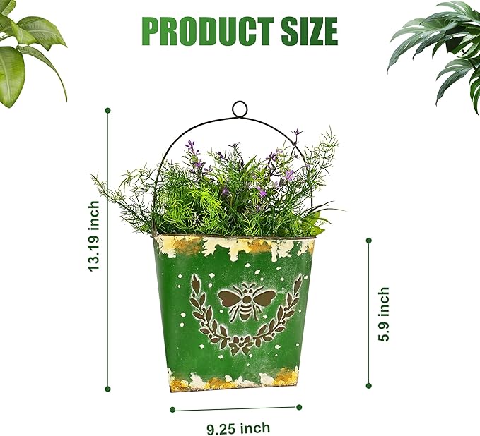 CVHOMEDECO. Farmhouse Wall Mount Metal Flower Pots Rustic Galvanized Bee Flower Holder Wall Hanging Pocket Planter for Indoor, Outdoor and Wall Decor, Set of 2 (Green)