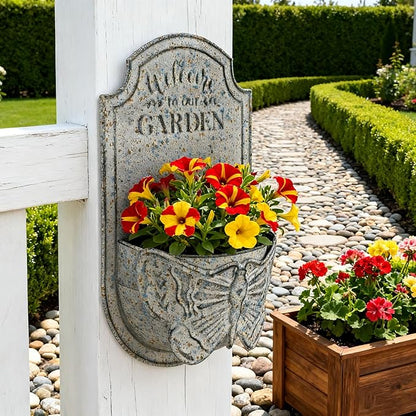 Rustic Metal Wall Planter for Outdoor Vintage Distressed Butterfly Wall Mounted Flower Holder Pot Shabby Blue Iron Plant Basket for Garden Farmhouse Home Balcony Patio Decorative