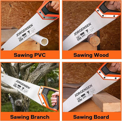 JORGENSEN 15 Inch Pro Hand Saw, 8 TPI Fine-Cut Ergonomic Non-Slip Aluminum Ultrasonic Welding Handle for Sawing, Trimming, Gardening, Woodworking, Drywall, Plastic Pipes