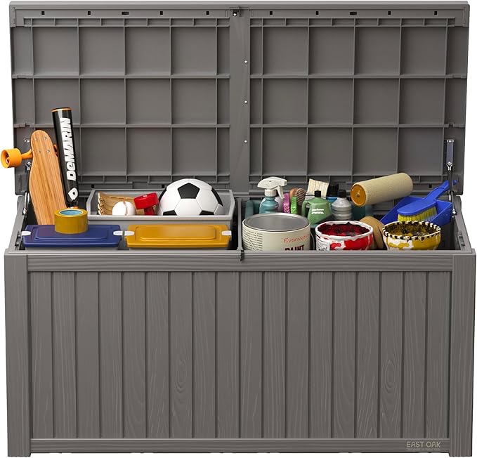 EAST OAK Outdoor Storage Box, 180 Gallon Deck Box, Large Resin Storage Bin for Patio Cushions & Gardening Tools, Lockable, Waterproof, UV Resistant, Grey