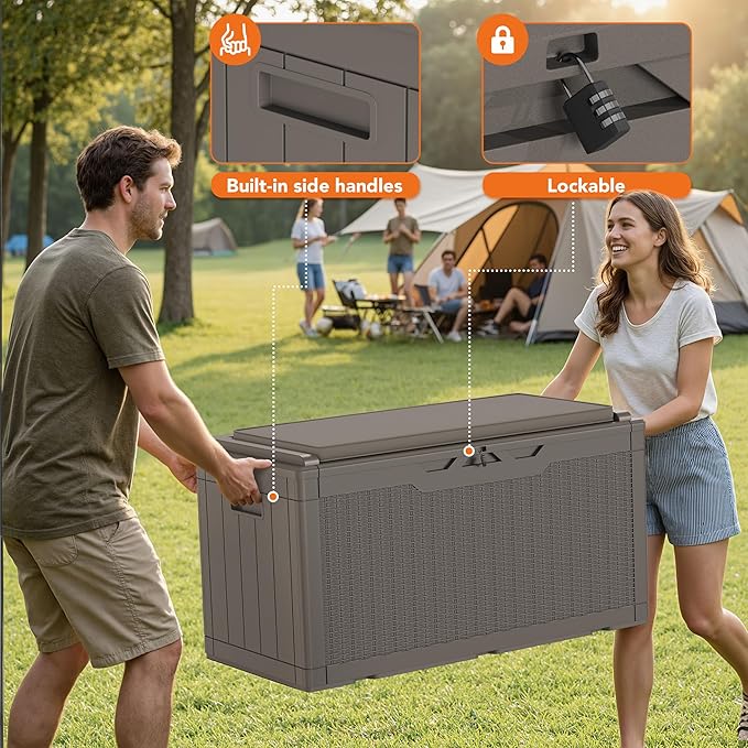 110 Gallon Deck Box Outdoor Indoor Waterproof Storage Box for Patio Furniture, Pool Accessories, Garden Tools, and Cushion Storage, Coffee