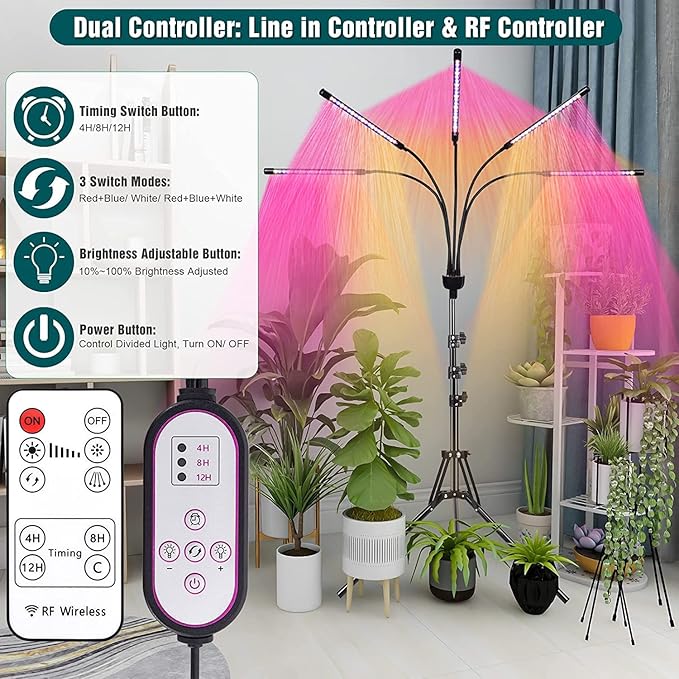 Grow Lights for Indoor Plants,5 Heads Red Blue White Full Spectrum Plant Light with 15-60" Adjustable Tripod Stand, Indoor Grow Lamp with Remote Control and Auto On/Off Timer Function