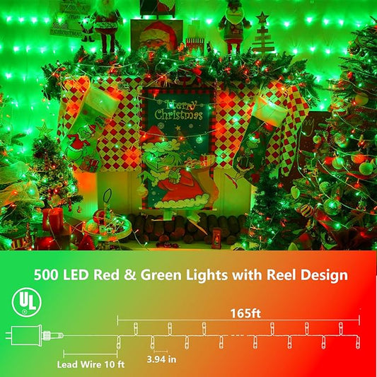 YEGUO 165ft 500 LED Red and Green Christmas Lights Outdoor Waterproof, Clear Wire String Lights Indoor Plug in, 8 Modes Clear Wire Twinkle Tree Light for Xmas Party Garden