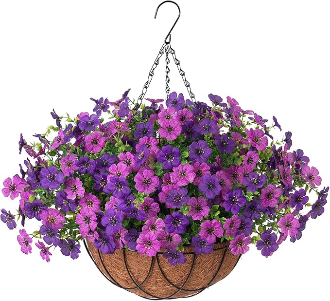 Artificial Silk Flowers Hanging Baskets Outdoors Indoors, Daisy with Eucalyptus Leaves Arrangement for Garden Yard Spring Summer Decor Faux Green Plant Metal Coconut Lining (Dark Purple Purple)