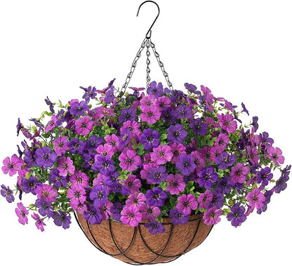 Artificial Silk Flowers Hanging Baskets Outdoors Indoors, Daisy with Eucalyptus Leaves Arrangement for Garden Yard Spring Summer Decor Faux Green Plant Metal Coconut Lining (Dark Purple Purple)