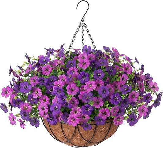 Artificial Silk Flowers Hanging Baskets Outdoors Indoors, Daisy with Eucalyptus Leaves Arrangement for Garden Yard Spring Summer Decor Faux Green Plant Metal Coconut Lining (Dark Purple Purple)