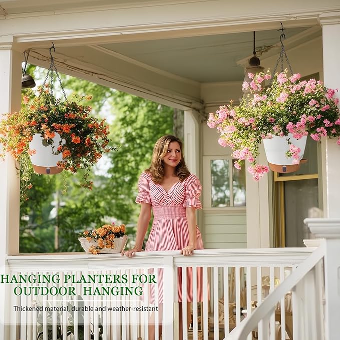 Hanging Planter for Indoor Plants 8 Inch, 2 Pack Hanging Baskets for Plants, Self Watering Hanging Flower Pots with Drainage Hole & 2 Kinds of Plant Hangers for Garden Home Decor (White, 8 inch)