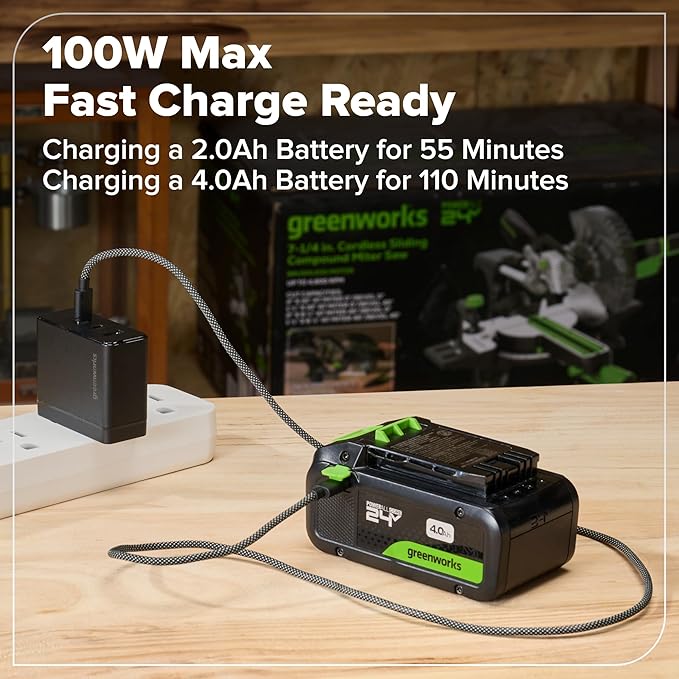 GREENWORKS 24V (5-TOOL) Combo (Drill + Impact Driver + Circular Saw + Multi-Tool + Flashlight), 4.0Ah + 2.0Ah (24,000mAh Power Bank) Batteries, (2) Cables, 65W Rapid Charger