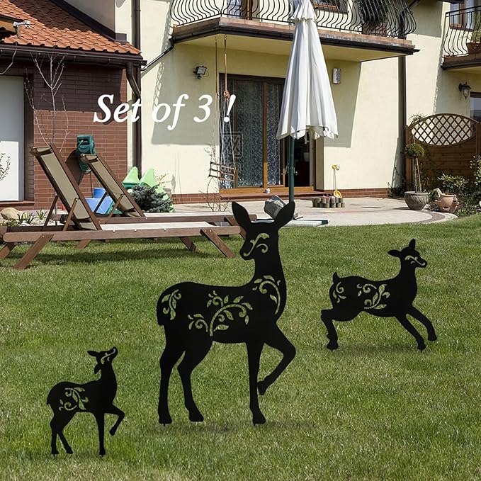 Outdoor Deer Stakes, Set of 3 Metal Deer Garden Decor for Outside,Black Silhouette Yard Art(Deer Black)