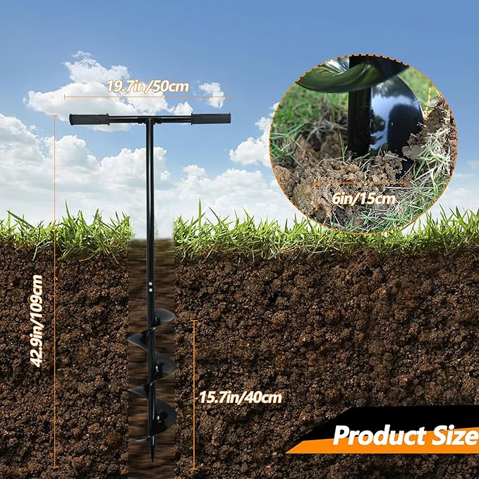 2 in 1 Hand Auger Spiral Drill for Planting, 6 X 42.9inch Post Hole Digger Manual Auger for Fence Posts, Sand, Bulb,Seedlings, Tree, Mail Box, Manual Garden Spiral Hole Digging Drill with Non-Slip.